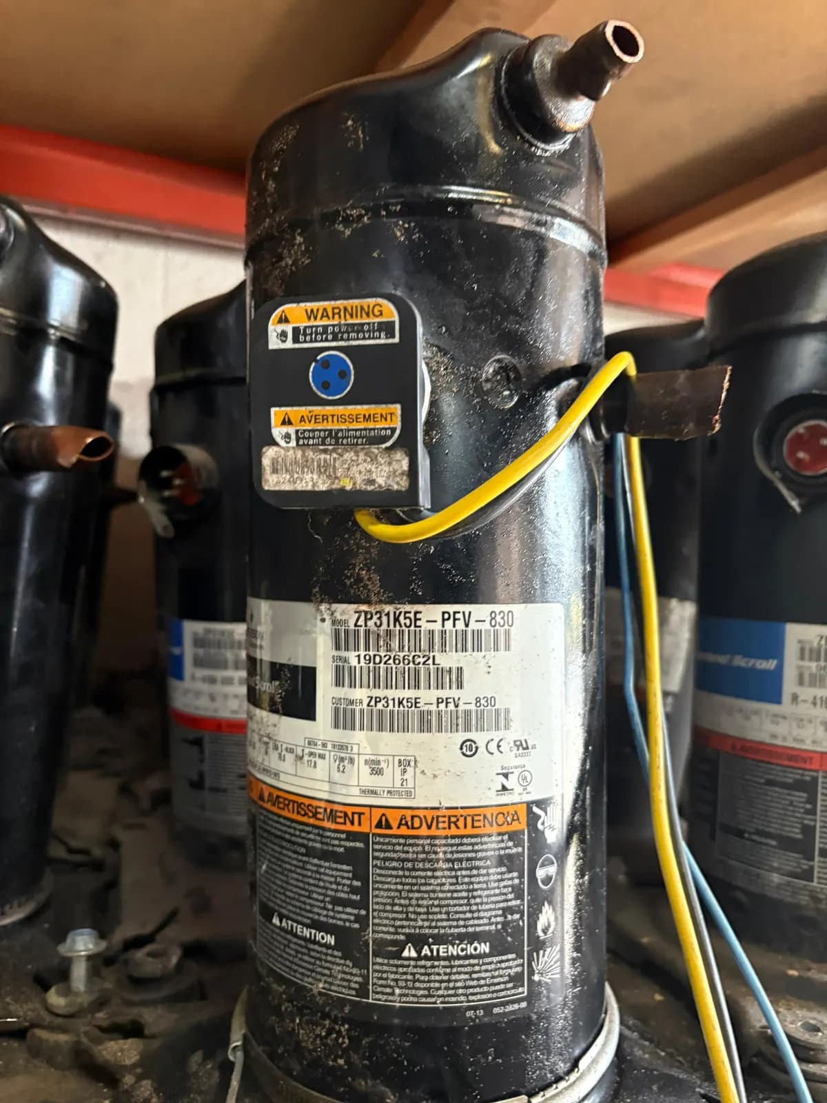 Used Copeland scroll compressor in stock, data plate showing model and serial number (2 of 8)