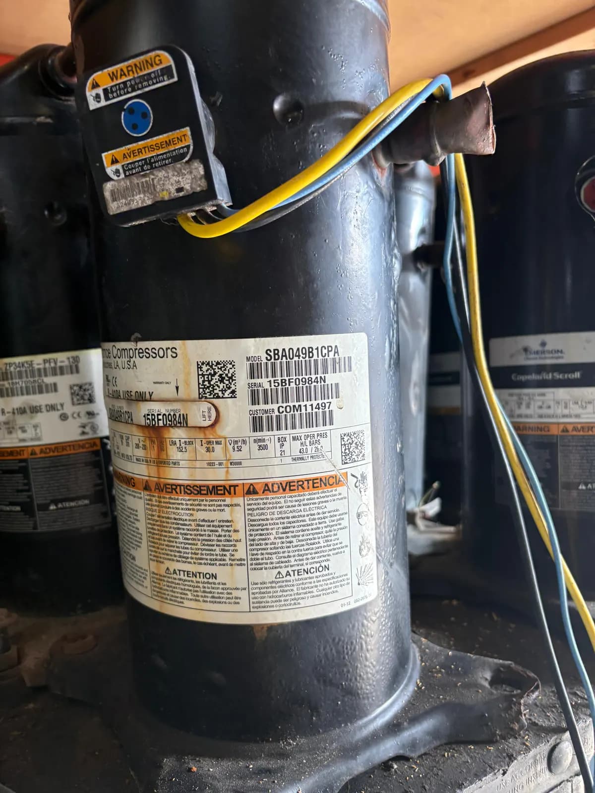 Used Copeland scroll compressor in stock, data plate showing model and serial number (4 of 8)