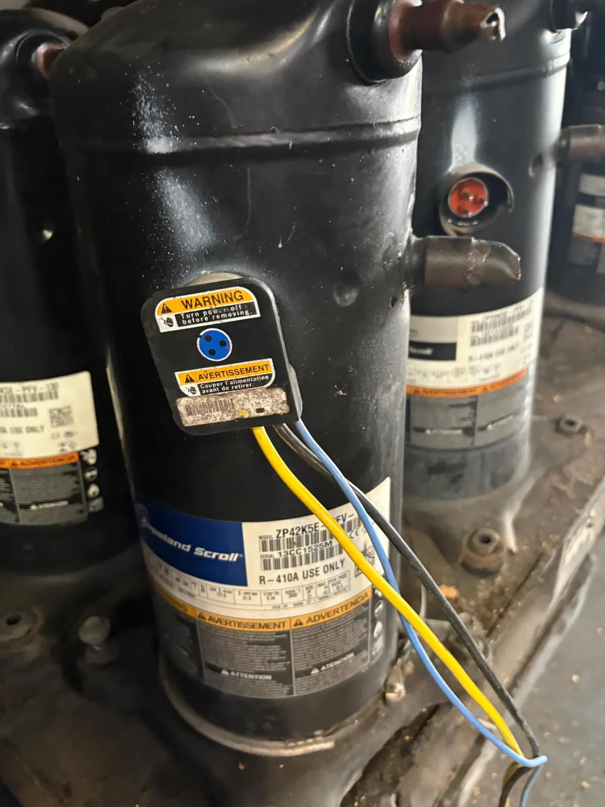 Used Copeland scroll compressor in stock, data plate showing model and serial number (5 of 8)