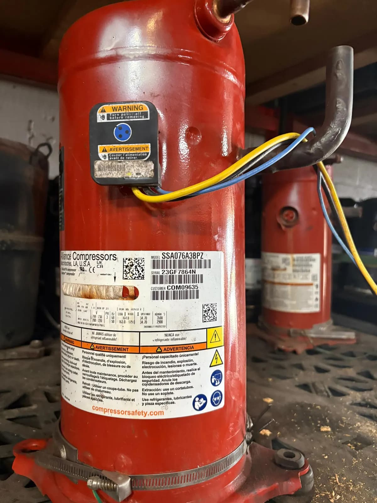 Used Copeland scroll compressor in stock, data plate showing model and serial number (6 of 8)