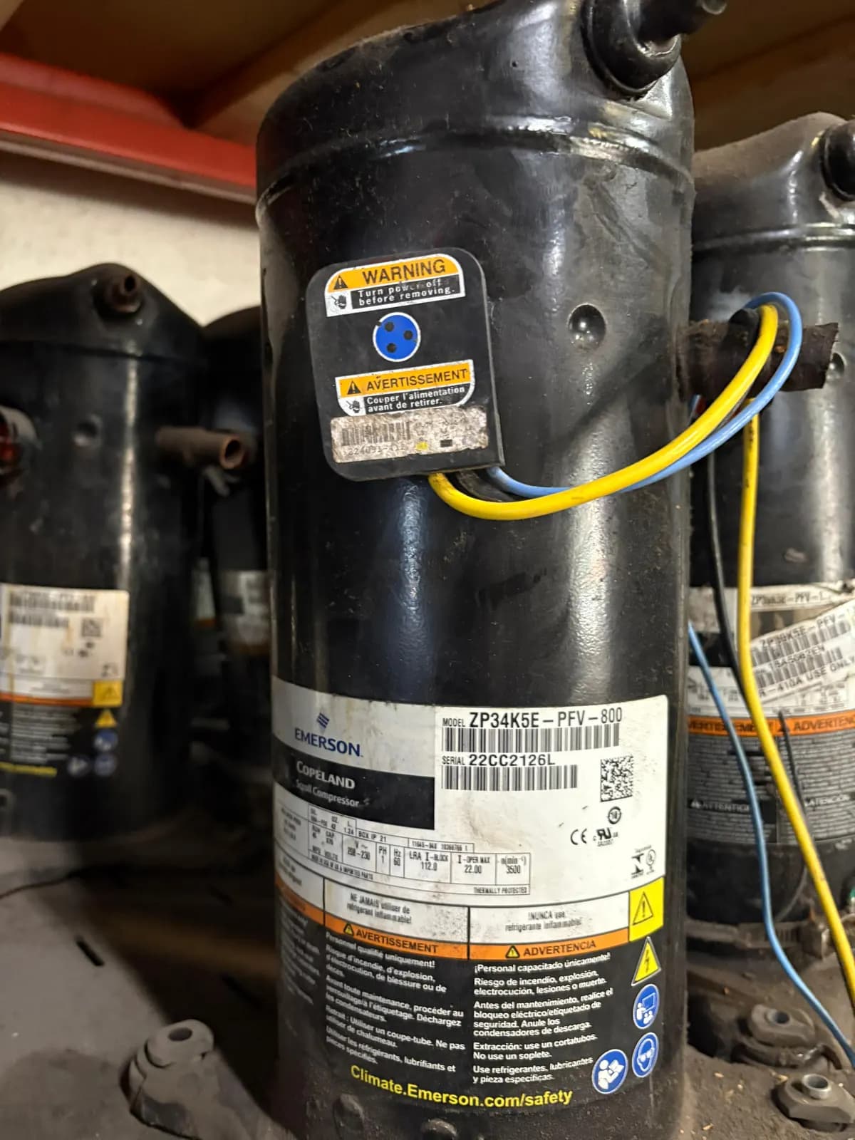 Used Copeland scroll compressor in stock, data plate showing model and serial number (7 of 8)