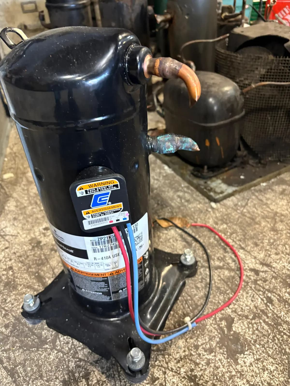 Used Copeland scroll compressor in stock, data plate showing model and serial number (8 of 8)